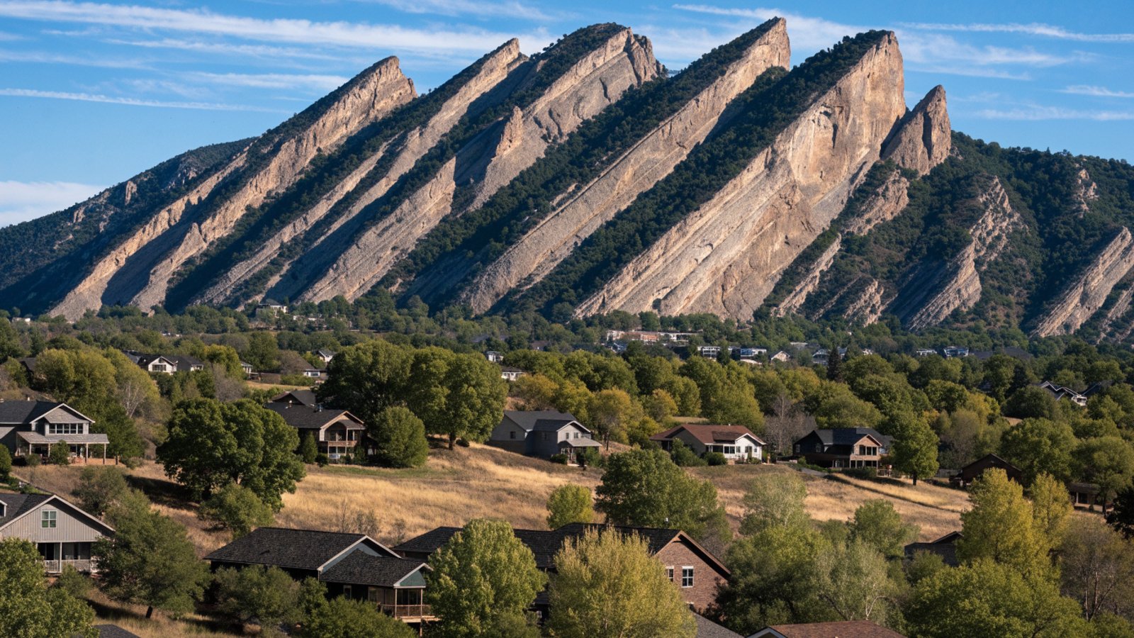 Boulder Flatirons rising above a residential neighborhood in late spring.