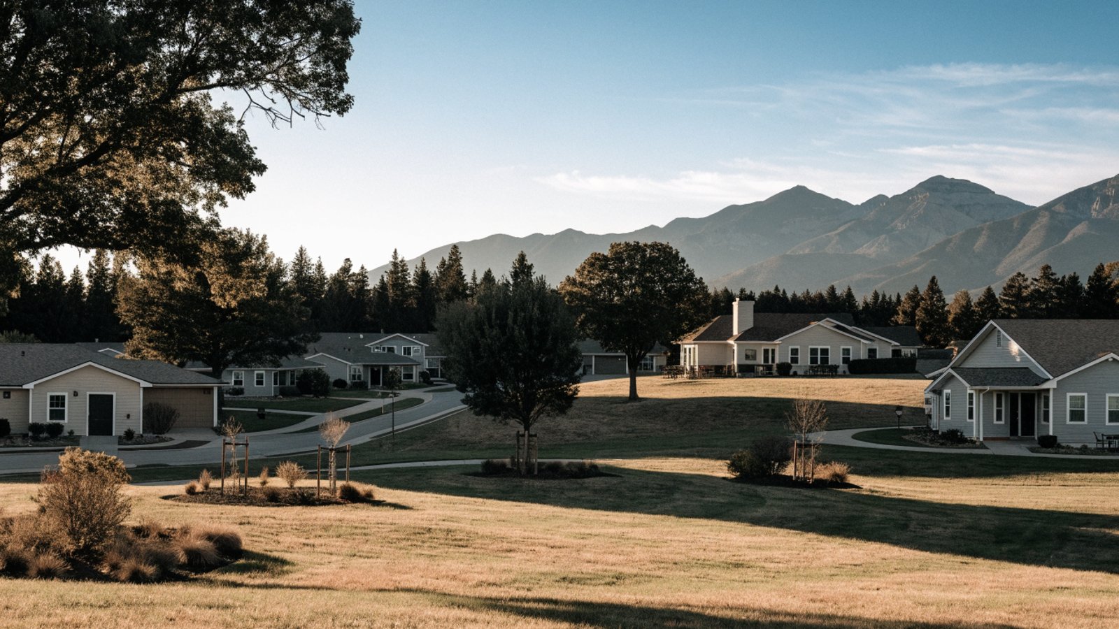 Single-story homes and a clubhouse beneath Front Range mountains in golden evening light.