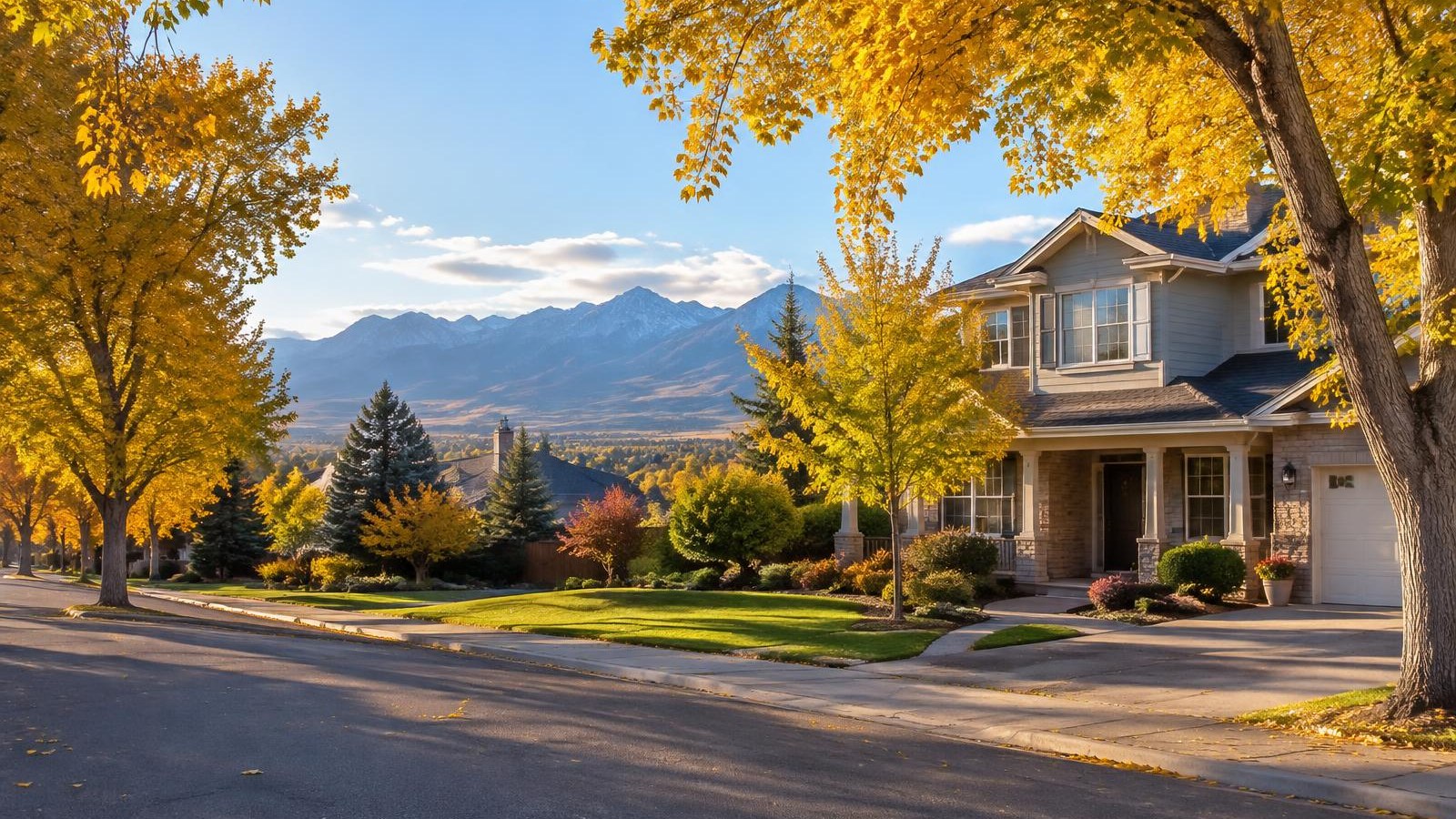 North Denver suburban street with golden cottonwood leaves, a tidy home and distant Front Range mountains in October afternoon light.