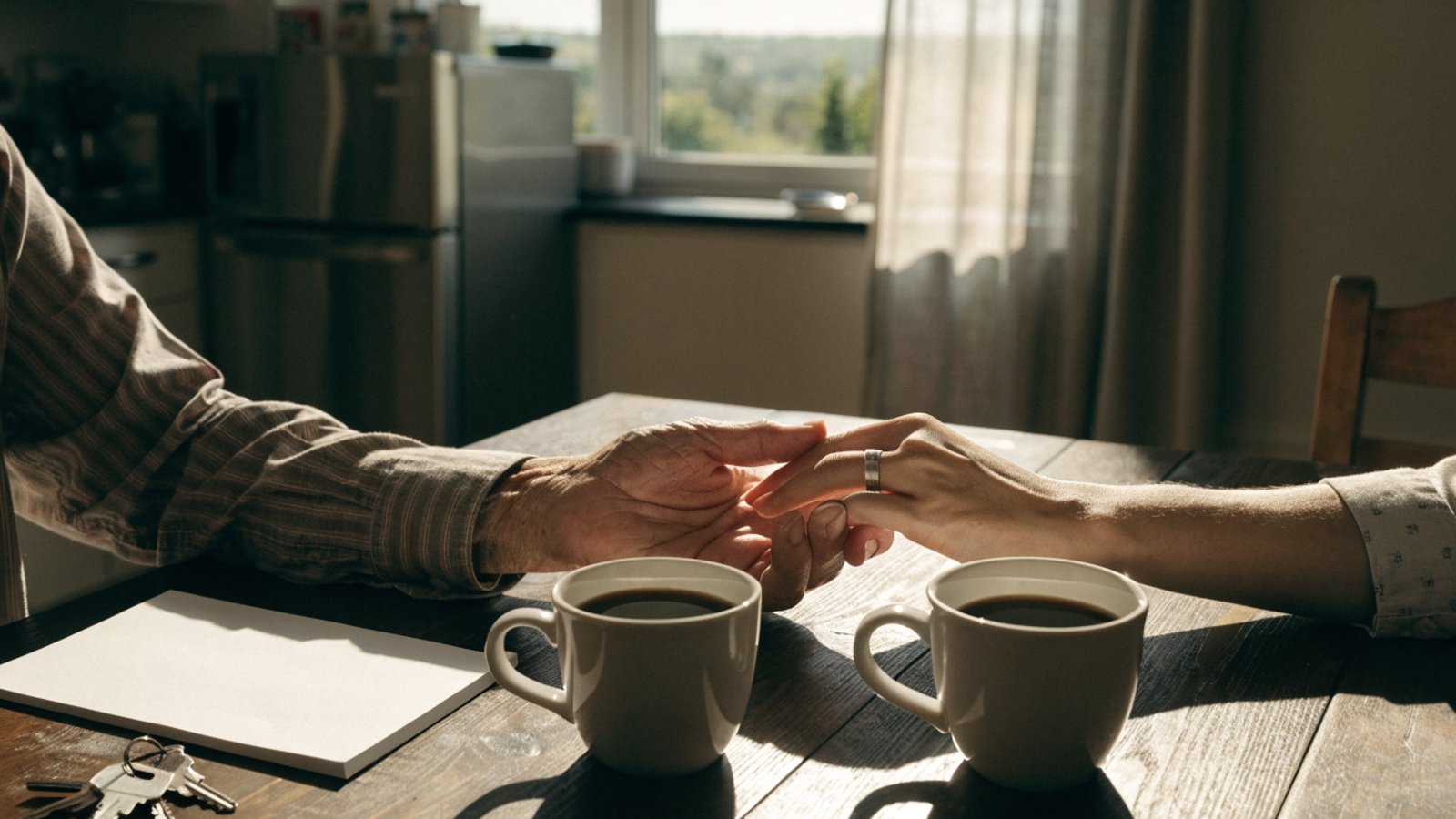 Older hands and an adult child's hand beside two coffee mugs on a sunlit kitchen table.