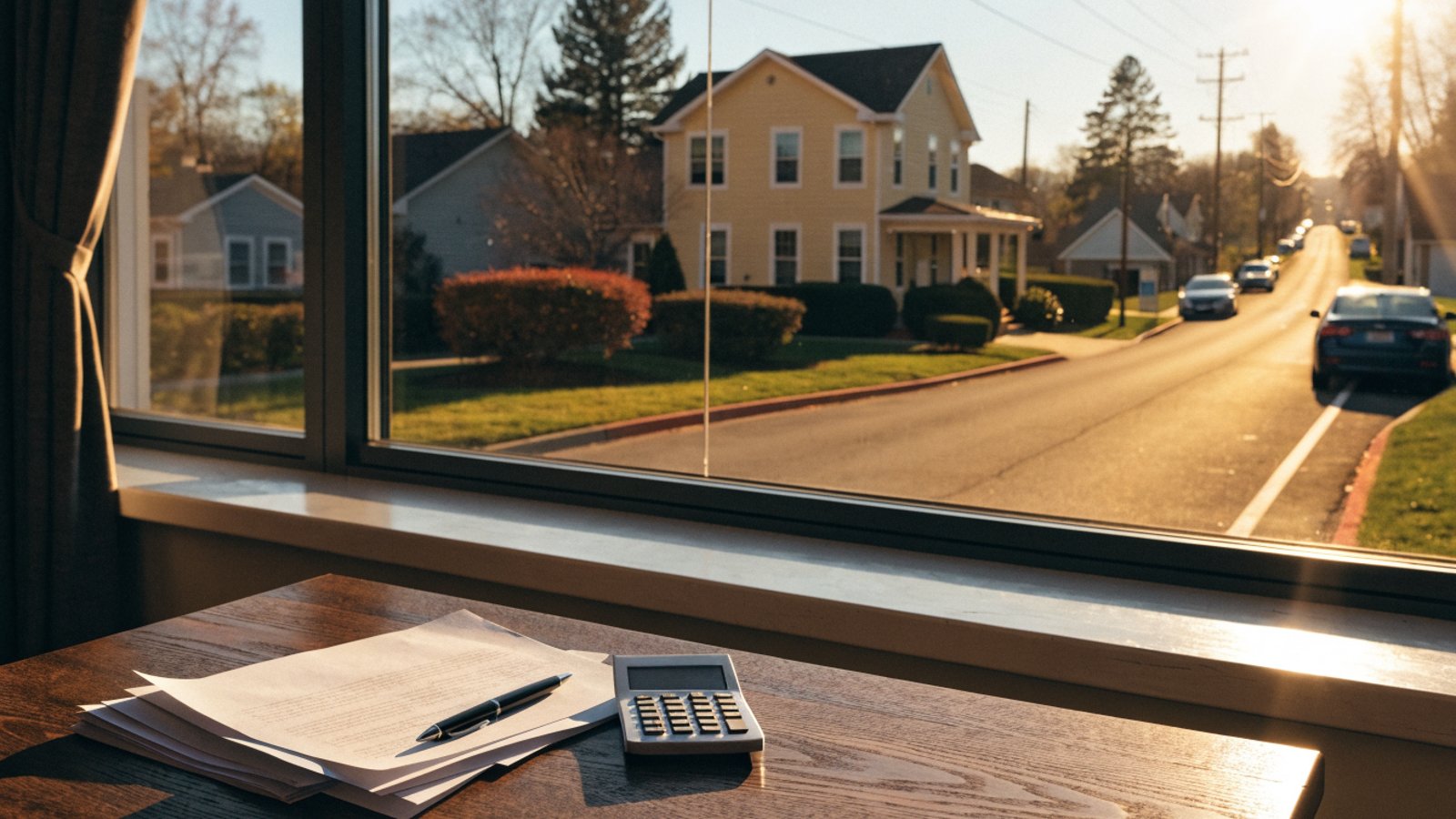 Loan paperwork, calculator and pen on a desk overlooking a suburban street.