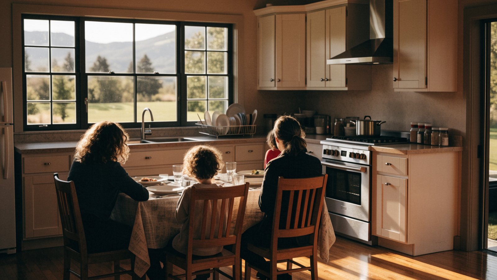 Family seated from behind at a dinner table in a bright home kitchen.
