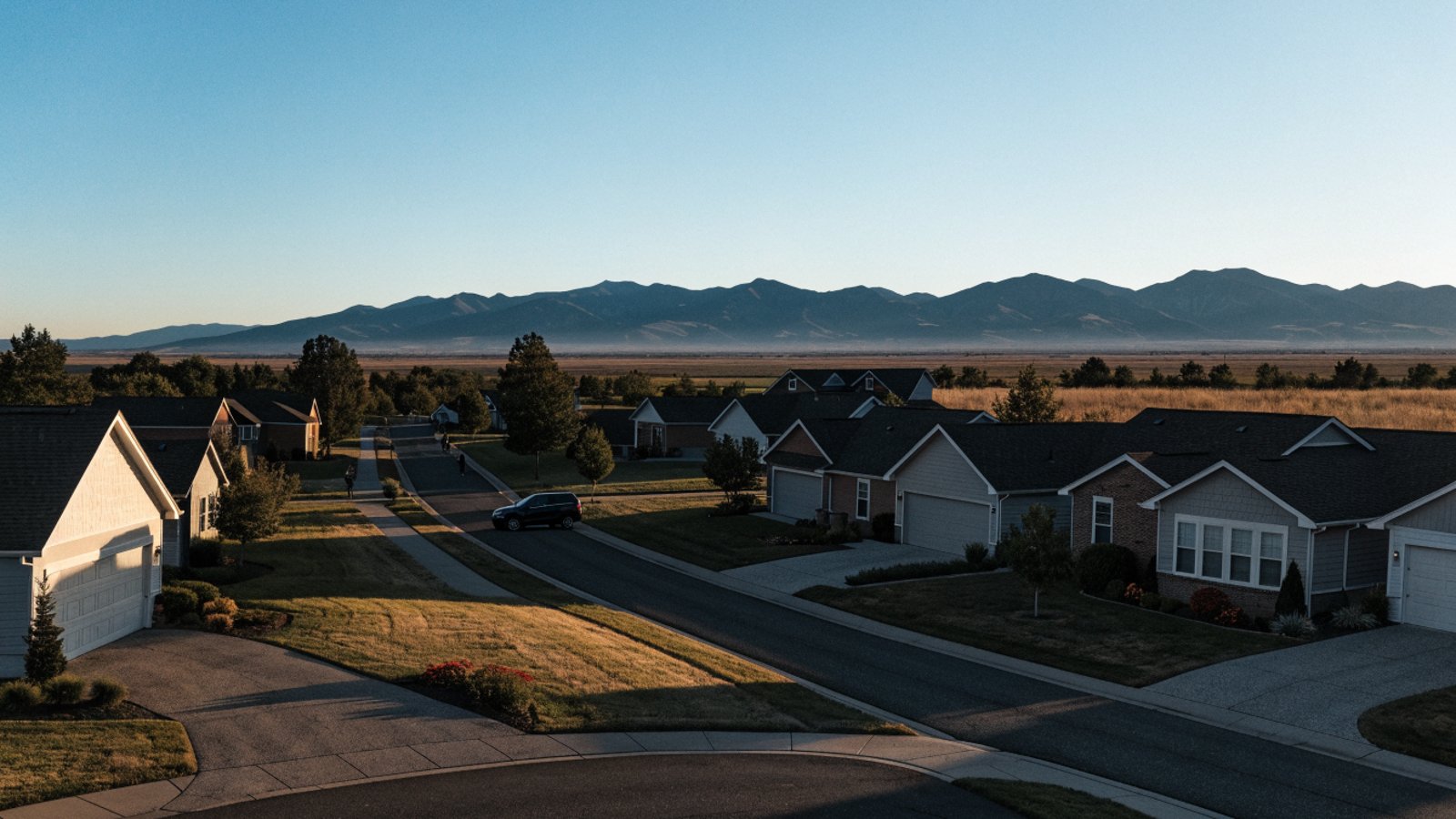 Suburban rooftops and open plains beneath distant mountains in evening light.