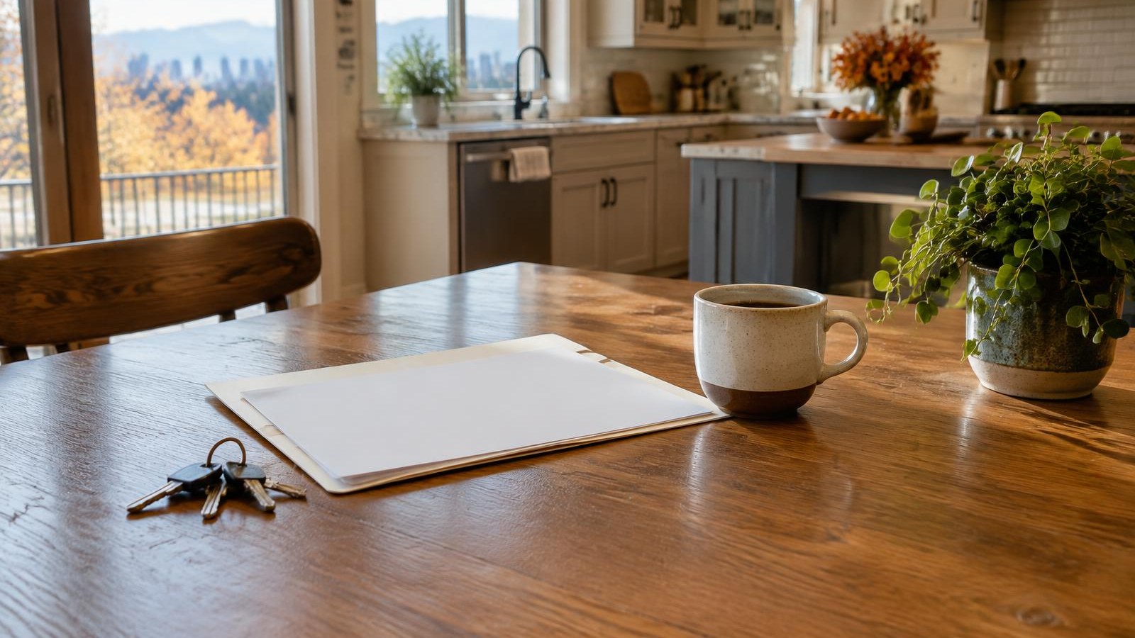 Llaves de casa, una carpeta sin texto visible, café y una planta sobre una mesa de cocina con luz cálida de otoño.