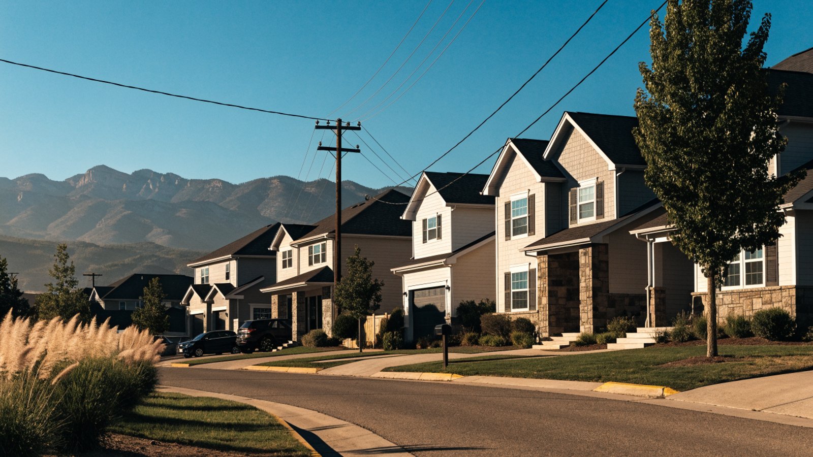 Two-story suburban homes beneath a wide Colorado sky.
