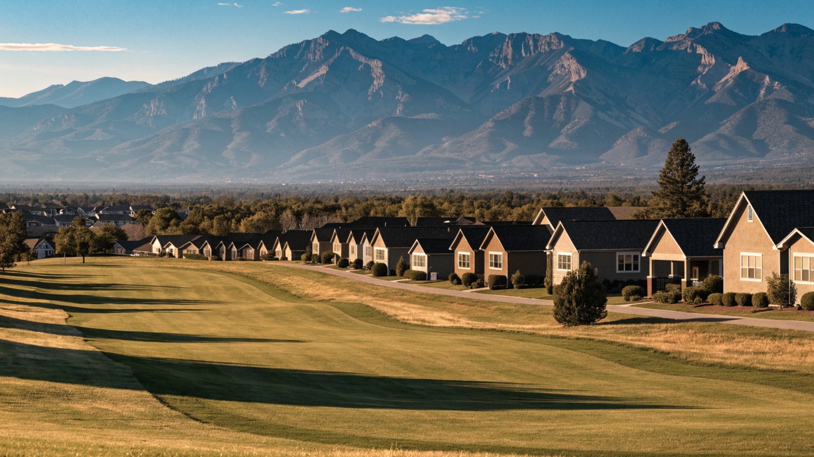 Ranch homes bordering a golf fairway with Front Range mountains on the horizon.