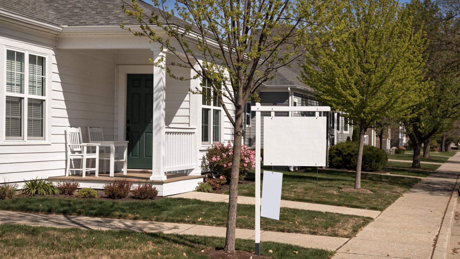 Starter home porch with a blank real estate sign in spring sunlight.