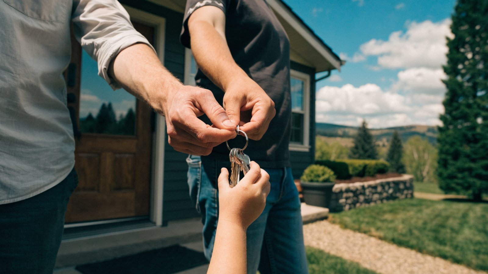 Family hands sharing house keys at the entrance to a home.