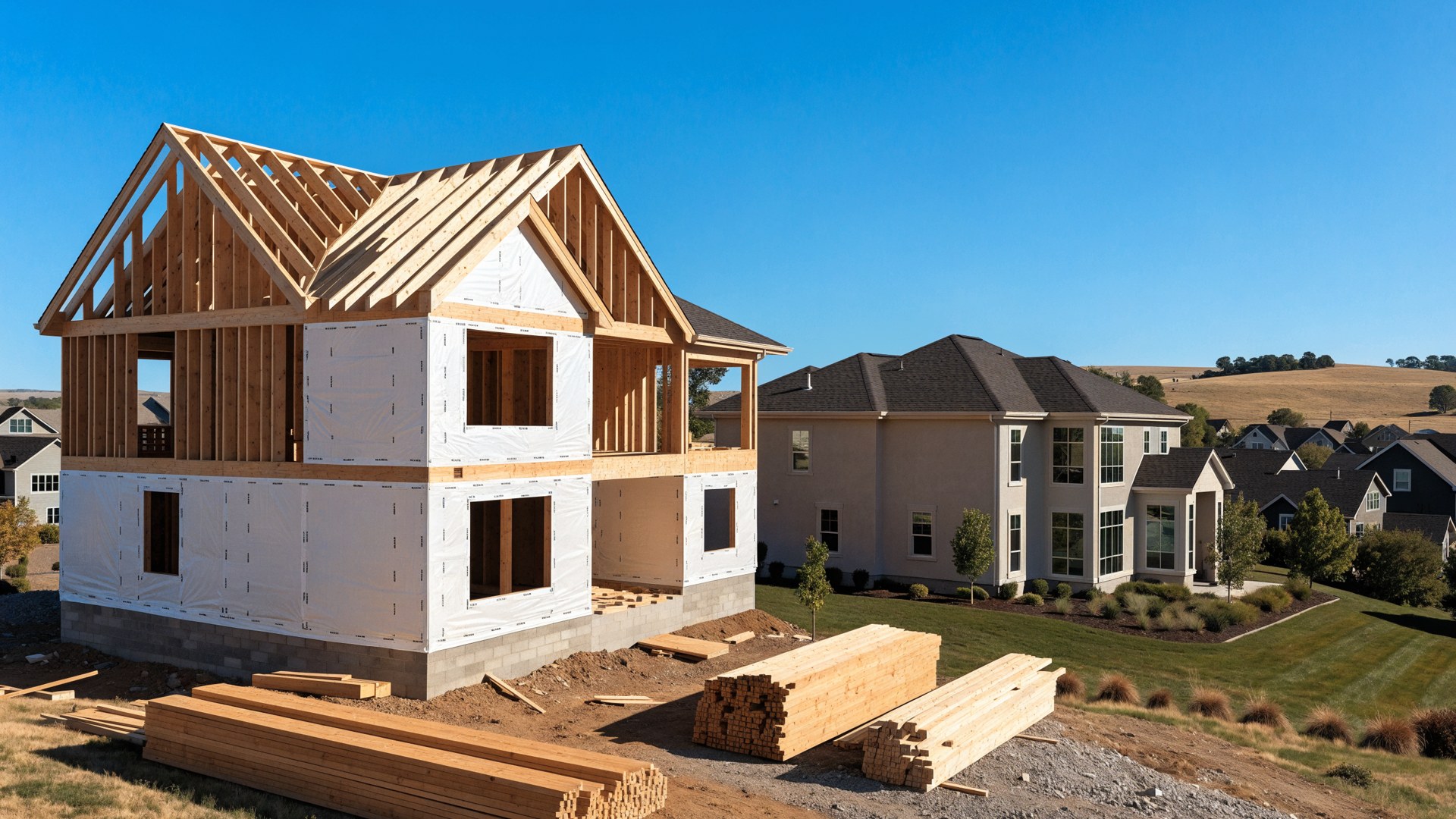 Timber-framed home under construction with plain house wrap beside a completed model home under a clear Colorado sky.