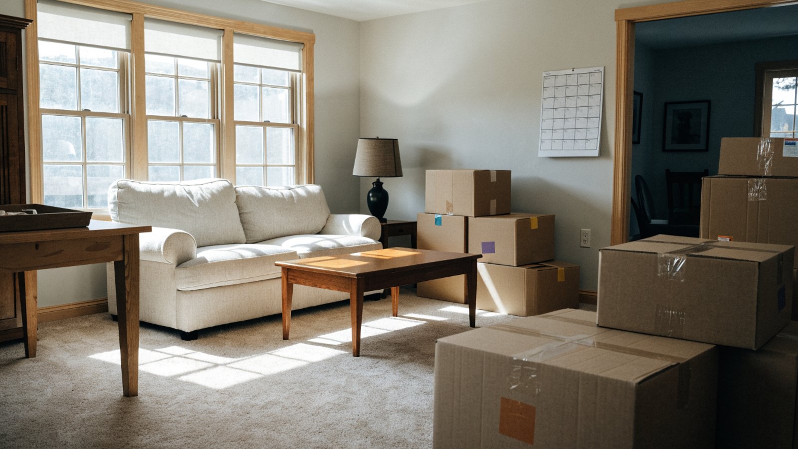 Moving boxes in a tidy living room filled with natural window light.