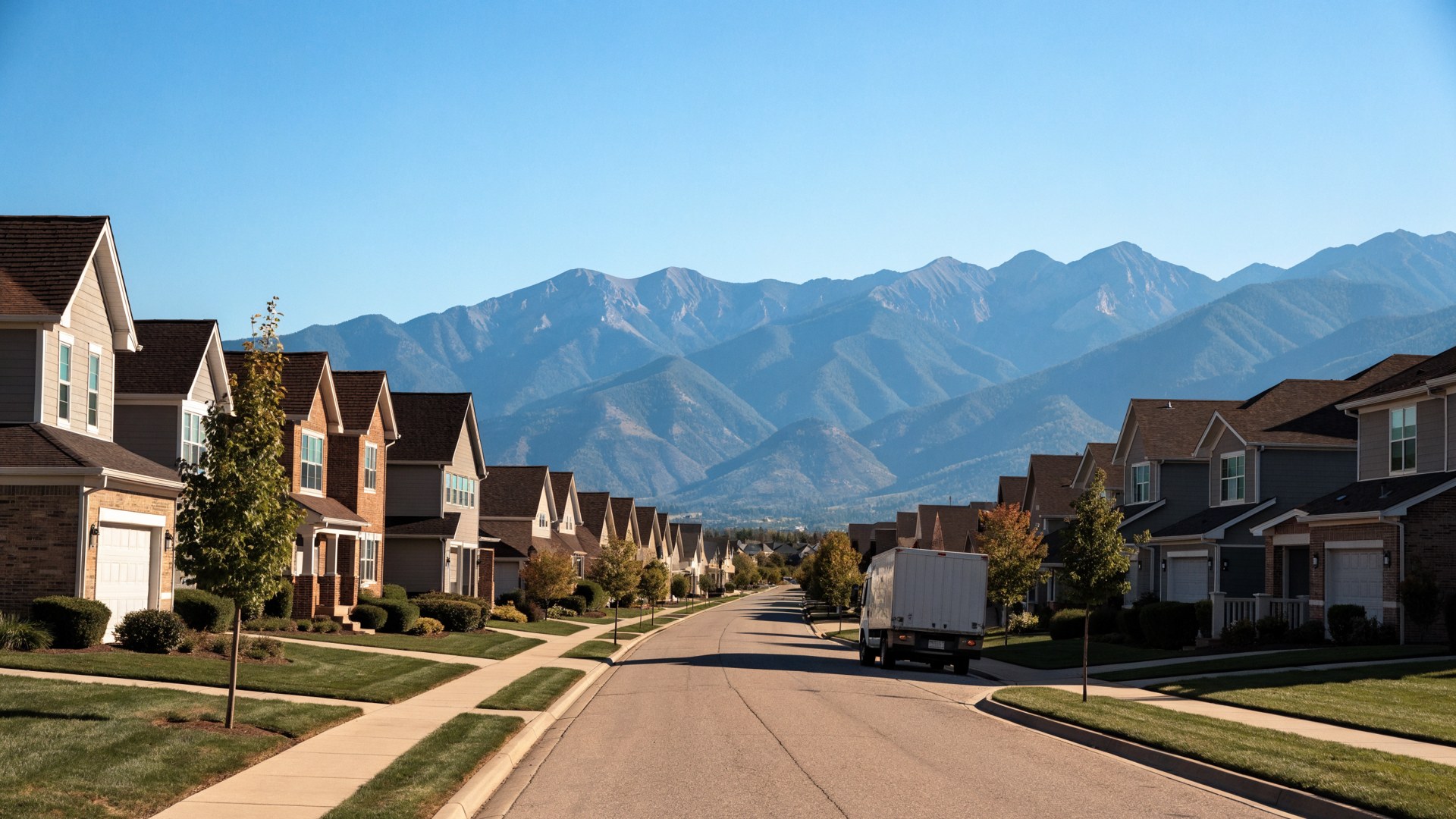 Moving truck parked on a newer Front Range neighborhood street beneath mountains in early September sunlight.