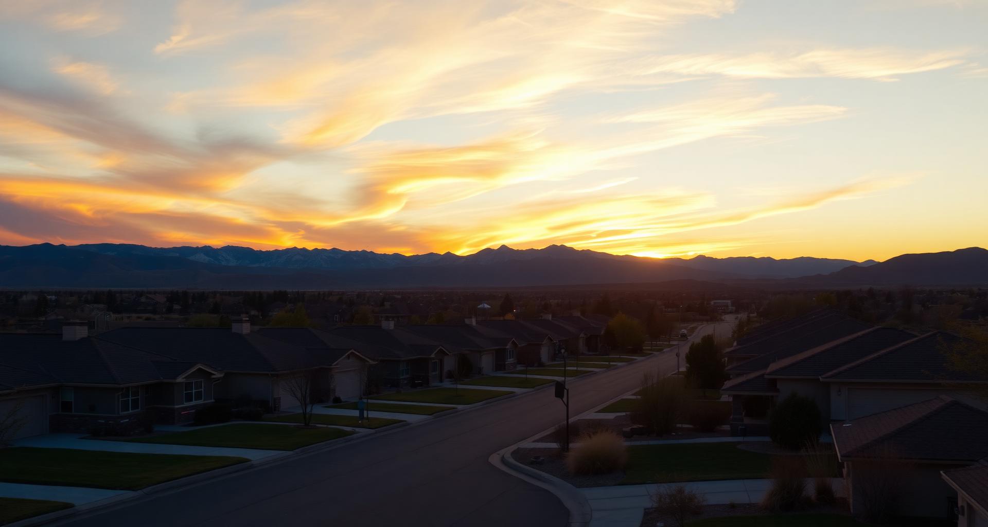 Colorado sunset over a quiet ranch-style suburban neighborhood with the Front Range in silhouette